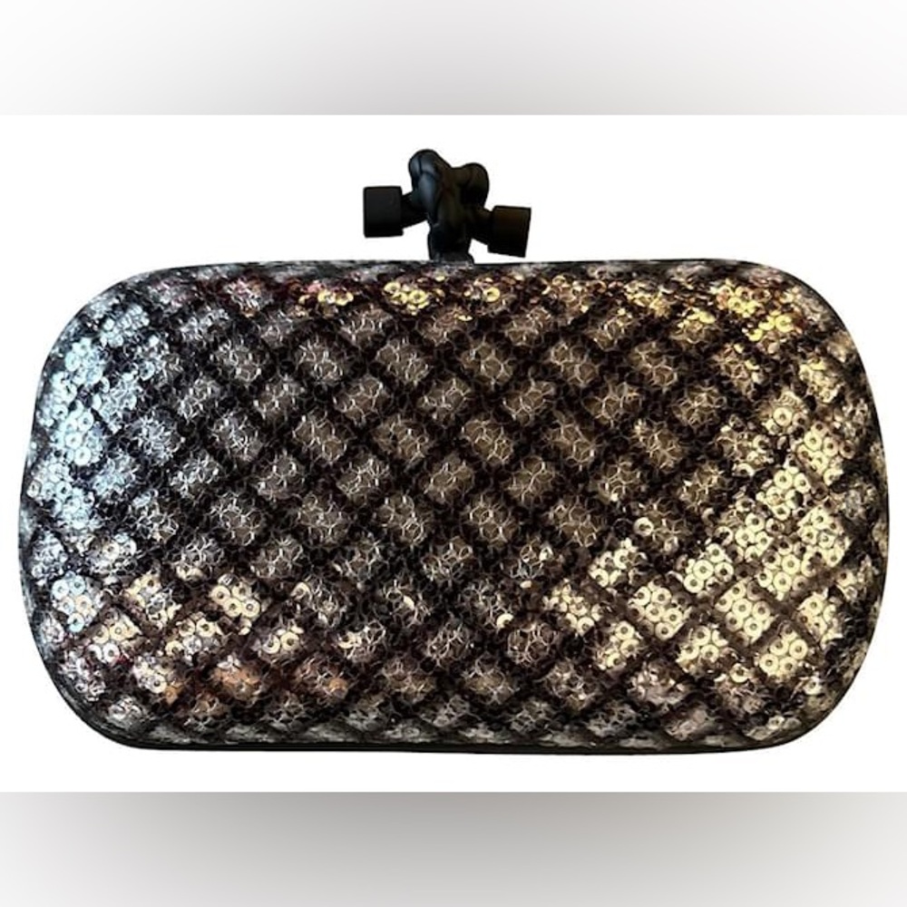 RARE BOTTEGA VENETA Sequin Knot Minaudière Clutch Black & Silver FULL INCLUSION